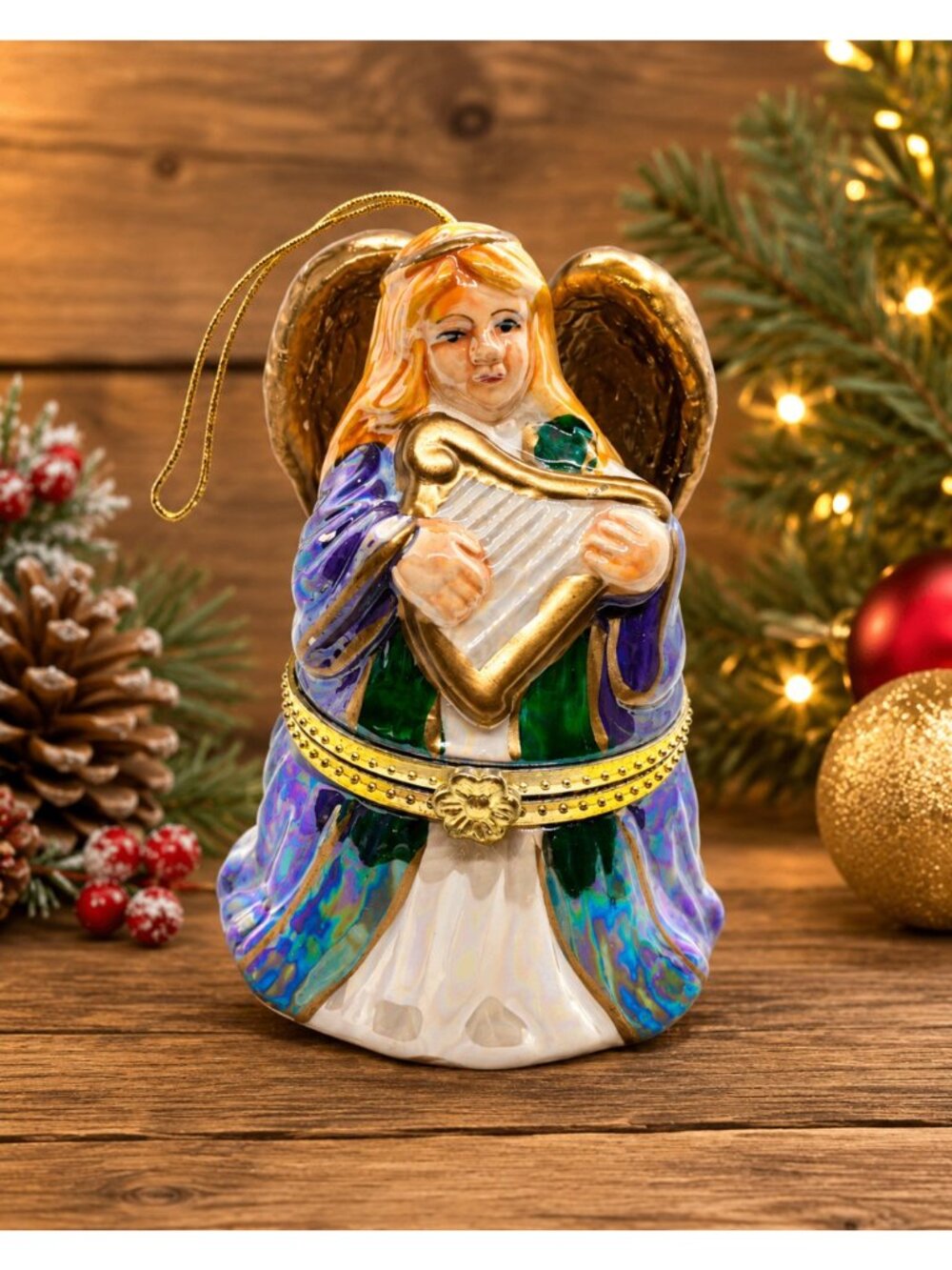 Mr. Christmas Angel Musical Ornament Trinket Box Skating Angels Gold Wings Vtg